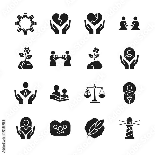 Restorative Justice and Community Mediation Icon Collection for Non-Profit Training and Conflict Resolution Illustrating Peacebuilding Dialogue Healing and Social Rehabilitation Solutions
