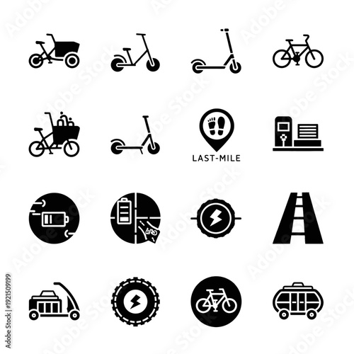 Sustainable Urban Transportation and Smart City Micro-Mobility Icon Collection for Navigation Apps and Transit Planning Illustrating Electric Cargo Bikes Shared Commuting and Last-Mile Solutions