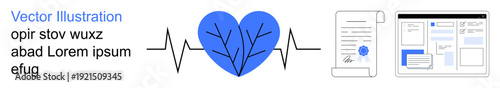 Healthcare, documentation, digital solutions, medical data, innovation, wellness. Blue heart with heartbeat line connected to a medical document and digital interface. Healthcare and innovation