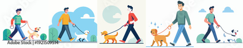 Vector of a man takes her dog for a walk.