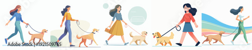 Vector of a woman takes her dog for a walk.