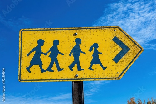weathered yellow pedestrian sign with four walking children silhouettes and right arrow against blue sky, evoking caution
