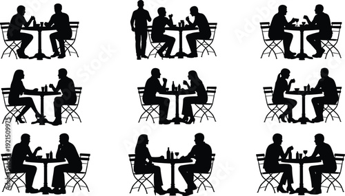 Set of restaurant silhouettes featuring people dining at outdoor tables, couples on dates, and friends eating in a cafe environment, cad drawing flat vector illustration.