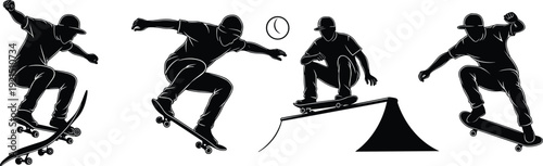 Set of skateboarder silhouettes performing tricks on ramps, urban street sports athletes jumping and grinding for active lifestyle vector illustration,