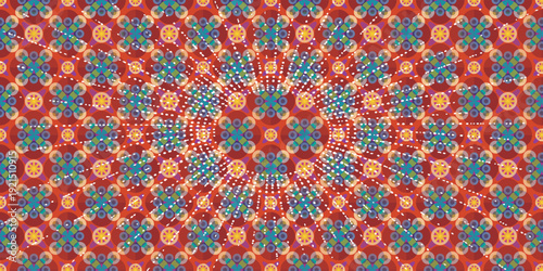 Seamless psychedelic floral mandala pattern with colorful abstract geometric circles and mosaic kaleidoscope texture for a vintage vector wallpaper backdrop