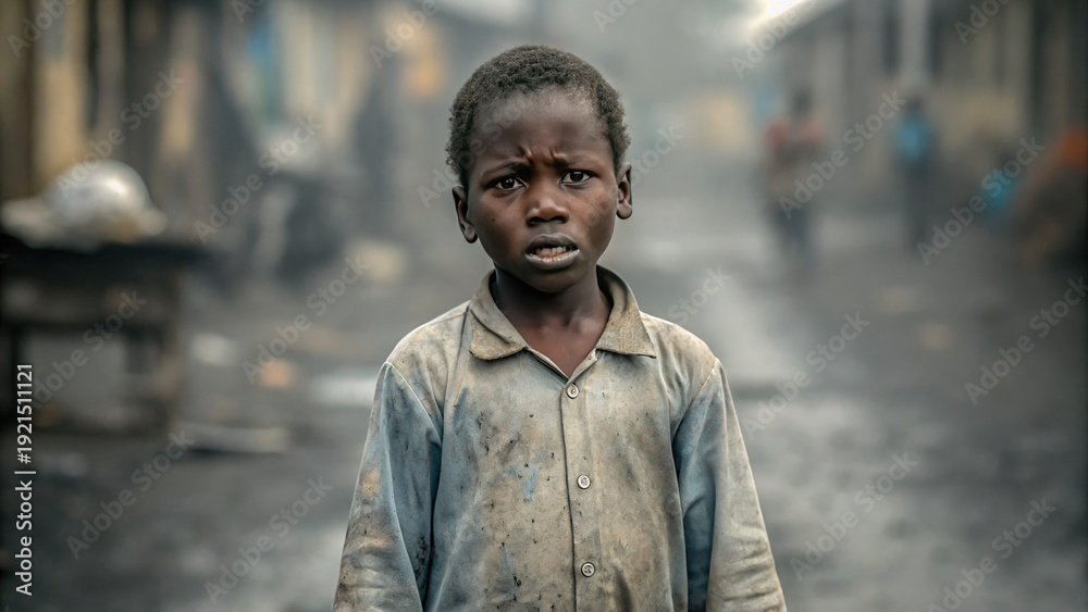 Fototapeta premium Poor kid portrait in gloomy slum background concept. A child in a dusty street, highlighting urban poverty and resilience.