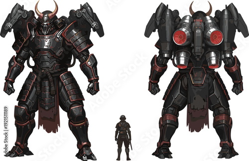 Futuristic Demon Mech Armor with Jetpack and Pilot Character for Sci Fi Game Boss Enemy Concept Art and Dark Fantasy Technology Design.