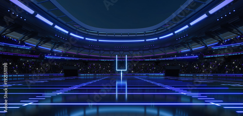 Bilde på lerret Empty futuristic American football sports stadium with neon lighting is ready for the upcoming grand event