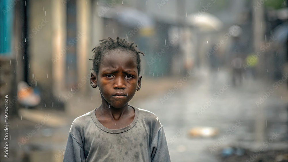Fototapeta premium Poor kid portrait in gloomy slum background concept. A child stands in the rain, embodying resilience and hope.