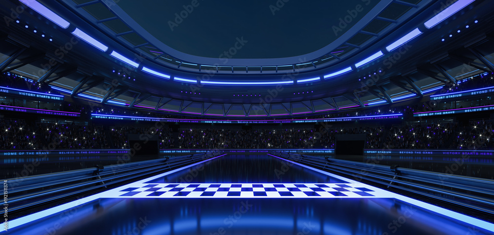 Naklejka premium Empty futuristic racing sports racing with neon lighting is ready for the upcoming grand event. My own design of 3D rendering illustration.