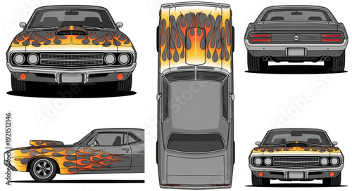 Vintage Car Multiple Angle Illustration.