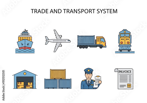 Collection of icons illustrating different aspects of trade and transport systems, including cargo ships, airplanes, trucks, and trains