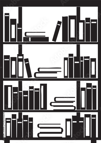 Black and white illustration of bookshelves filled with various books from different viewpoints on a simple white background