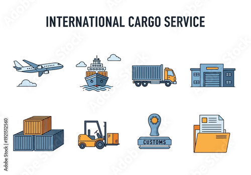 International Cargo Shipping and Logistics Services with Aircraft, Ship, Truck, Warehouse, and Forklift Icons