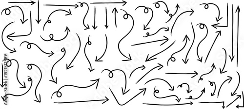 A complex arrangement of arrows in various directions and sizes on a plain white background with no discernible pattern or meaning