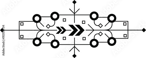 Abstract geometric circuit design with arrows, symmetrical technology pattern, connectivity nodes, digital network artwork, electronic schematic concept, futuristic flow, modern tech illustration