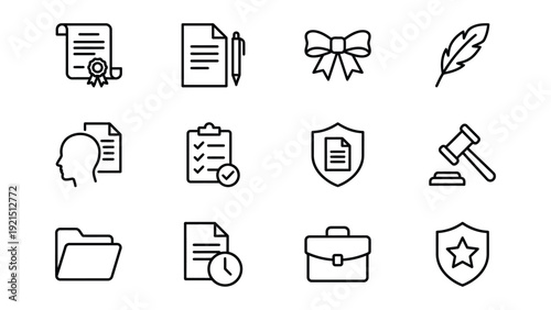 Flat Line Art Vector Icons for Law, Legal Services, and Documentation. Modern Minimal Outline Symbols for Contracts, Justice, Security, and Office Administration on White Background.