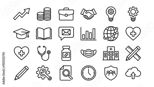 Collection of Flat Line Art Vector Icons for Business, Education, and Healthcare. Modern Minimal Outline Symbols for Development, Learning, Medicine, and Global Connectivity on White Background.