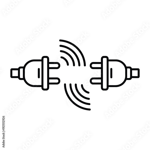 Two electrical power plugs are shown separated, indicating a disconnection or wireless signal transfer between them.