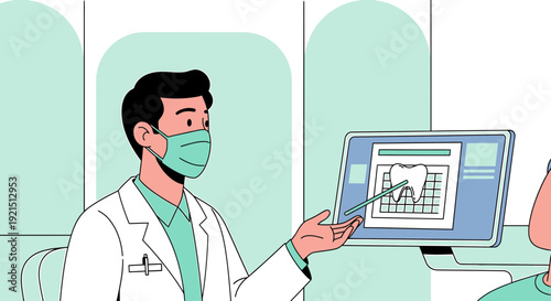 Dentist Explains Dental Health on Screen with Tooth Diagram and Mask
