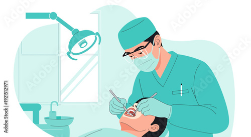 Dentist performing dental examination on patient with modern equipment in clinic