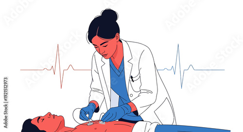 Doctor administering medical treatment to a patient with ECG monitor background