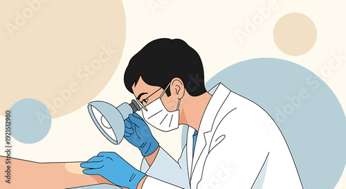 Dermatologist Examines Skin Lesion with Magnifying Lamp, Medical Healthcare Concept