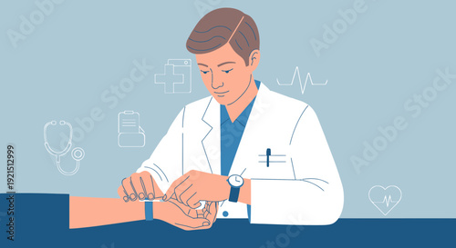 Doctor checking patient's smartwatch for health data, medical icons background