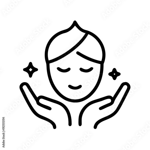 Skincare Icon: An illustrative icon of a serene face cradled gently by hands. This minimalist design suggests a sense of well-being, beauty, and the nurturing aspects of skincare.