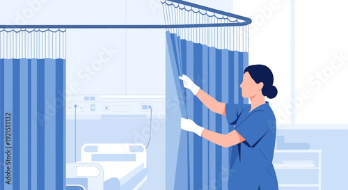 Nurse adjusting hospital privacy curtain, showing medical bed and equipment