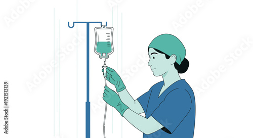 Nurse Adjusting IV Drip Bag for Patient Care in Hospital