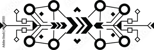 Abstract symmetrical circuit design with arrows, digital network pattern, connectivity nodes, geometric symmetry, technology artwork, data flow concept, electronic components illustration