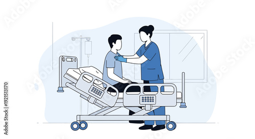 Nurse Cares for Patient in Hospital Bed, Medical Health Concept Illustration