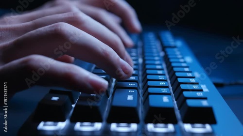 Close-up of hands typing on a backlit keyboard in a dimly lit environment, emphasizing digital interaction and technology.