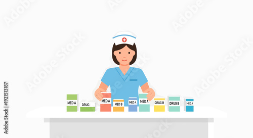 Nurse with Assorted Medications and Drugs on Table - Healthcare Illustration