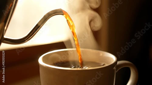 Hot coffee being poured from a gooseneck kettle into a white mug, creating steam.