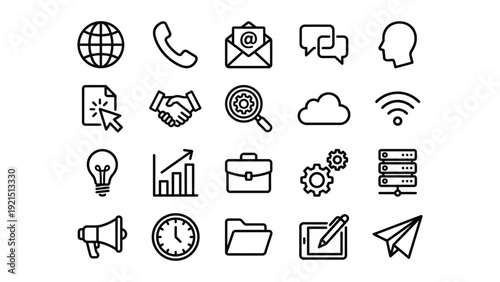 Modern Business Communication and Technology Outline Icons Set. Global Network, Office, Data, and Creative Idea Vector Collection for Web, Mobile UI, and Digital Projects.
