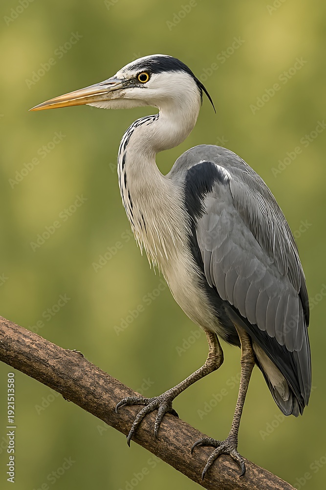 Obraz premium A majestic grey heron perches on a branch, showcasing its white and grey feathers, long neck, and sharp beak in a serene natural setting.