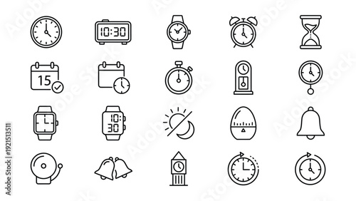 Comprehensive Time and Schedule Outline Icons. Clocks, Alarms, Calendar, and Deadline Management Vector Set for Productivity Apps, Planning Tools, and Time Tracking.