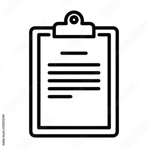 A black and white outline icon depicts a clipboard holding a document with horizontal lines of text on a white background.