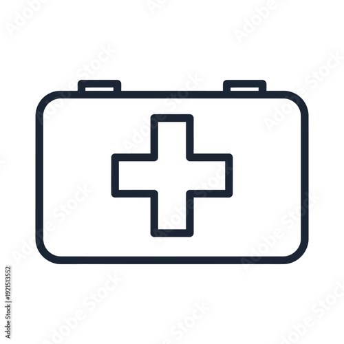 A rectangular first aid kit container is shown with a prominent medical cross symbol centered on its lid.