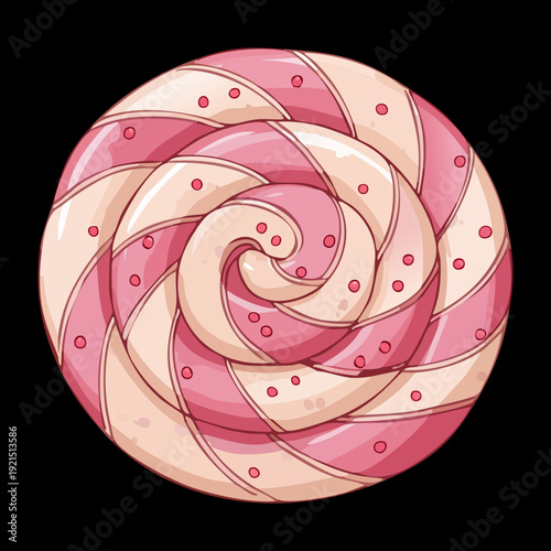 Illustration of a sweet pink swirl lollipop placed on a dark black background to emphasize the candy texture and sugary aesthetic