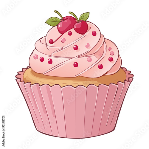 Illustration of a lovely pink cupcake with sprinkles and a red strawberry fruit for sweet tooth cravings and birthday party invites