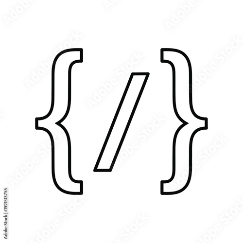 A conceptual line drawing displays curly braces enclosing a forward slash, representing programming code or syntax.