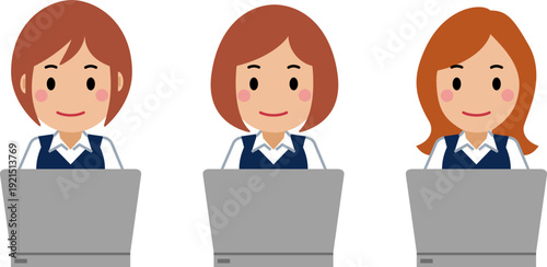 パソコンを操作するネイビー事務服の若い女性