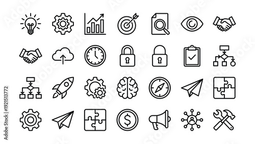 Business and Marketing Strategy Concept Icons Set with Development, Analysis, Collaboration, and Innovation Symbols for Websites and Apps in Modern Flat Line Style