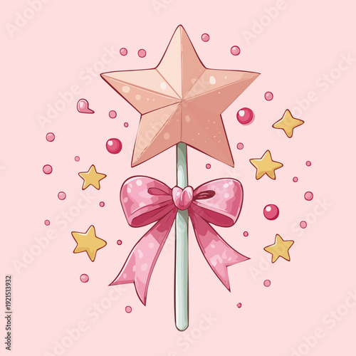 Illustration of a pink star wand with a ribbon bow and small stars for a fairy princess and magical fantasy theme