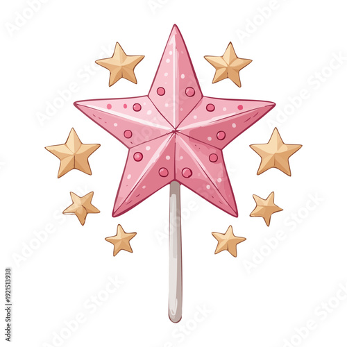 Illustration of a pink star wand with small stars around it for a magical girl and fairy tale aesthetic for kids