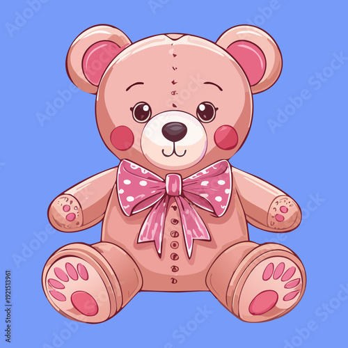 Illustration of a pink teddy bear on a blue square background for a playful and sweet baby boy or girl nursery decor