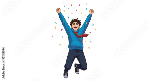 An energetic illustration of a young man celebrating a triumph, joyfully jumping amidst colorful confetti, symbolizing happiness, success, and the excitement of achievement